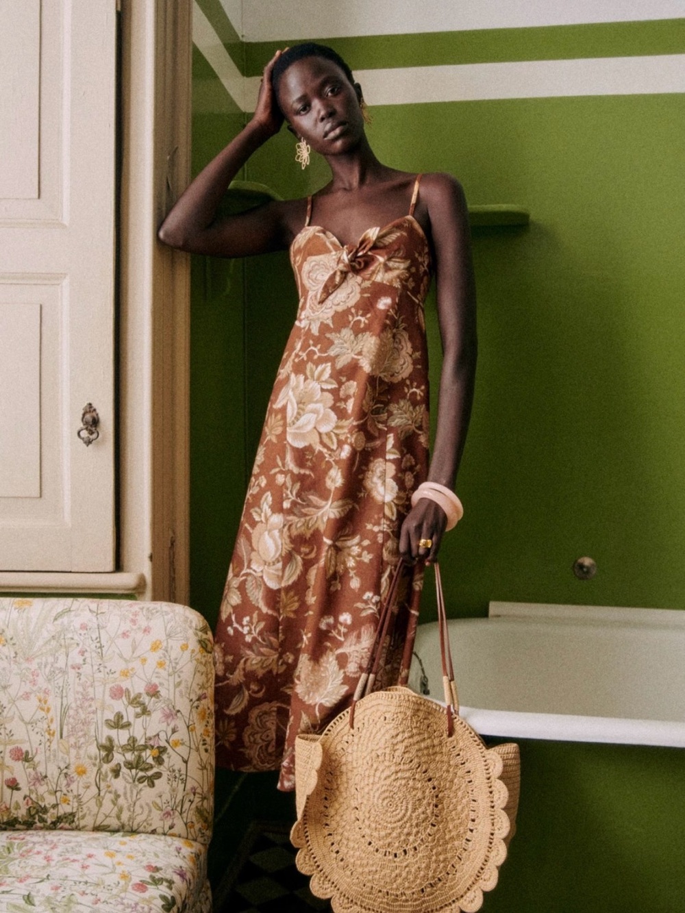 Sézane Chiaretta Floral Brown Slip Midi Dress